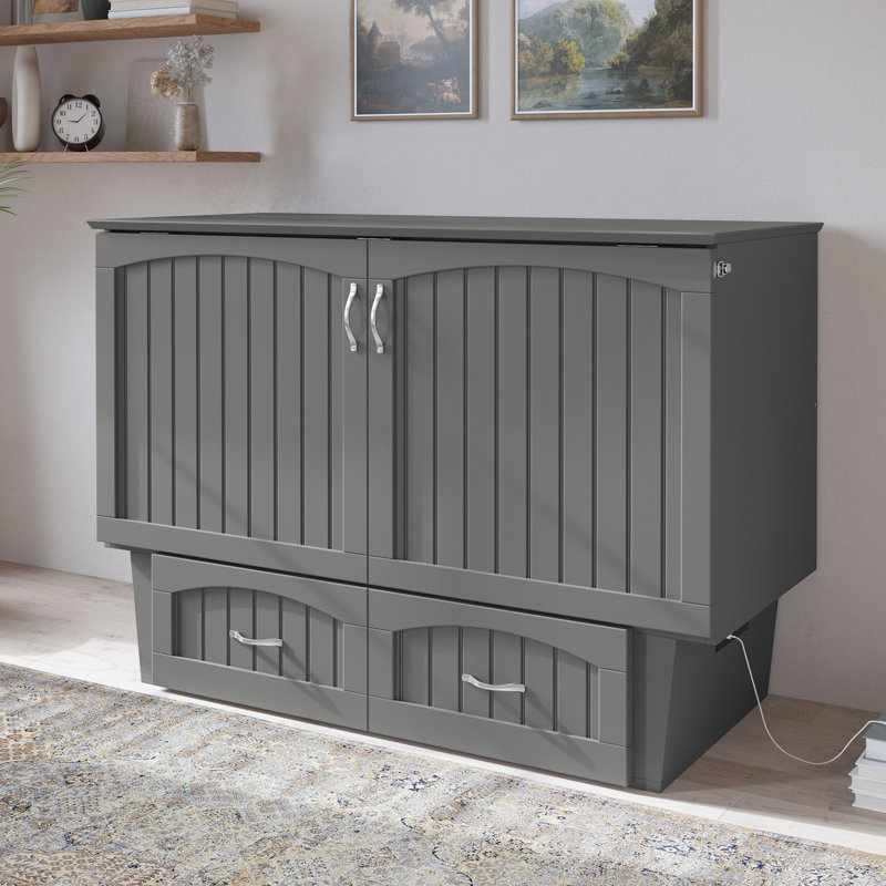 Kindig Murphy Bed Chest with 6" Mattress, Storage and Built-in Charger, Gray, Full