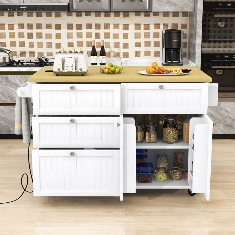 Rijwana 4 Drawers Kitchen Island Set With Drop Leaf And 2 Seatings, White