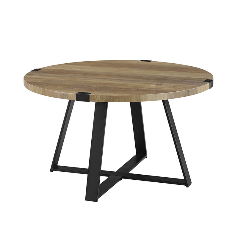 Table basse ronde à pieds croisés Paramus, Chêne rustique, Noir