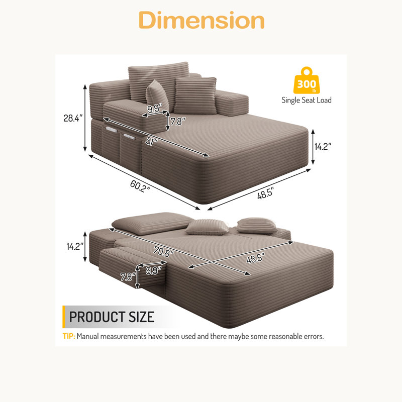 Chaise longue en velours côtelé luxueux avec 3 coussins, canapé-lit convertible avec poche de rangement, conception sans cadre