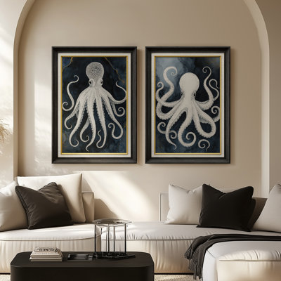 «Nautical Octopus», reproduction d'illustrations marines rétro en bleu foncé pour décor de bord de mer ou de salle de bain - ensemble de 2 reproductions d'art mural encadrées de qualité supérieure sur papier 26 po x 36 po