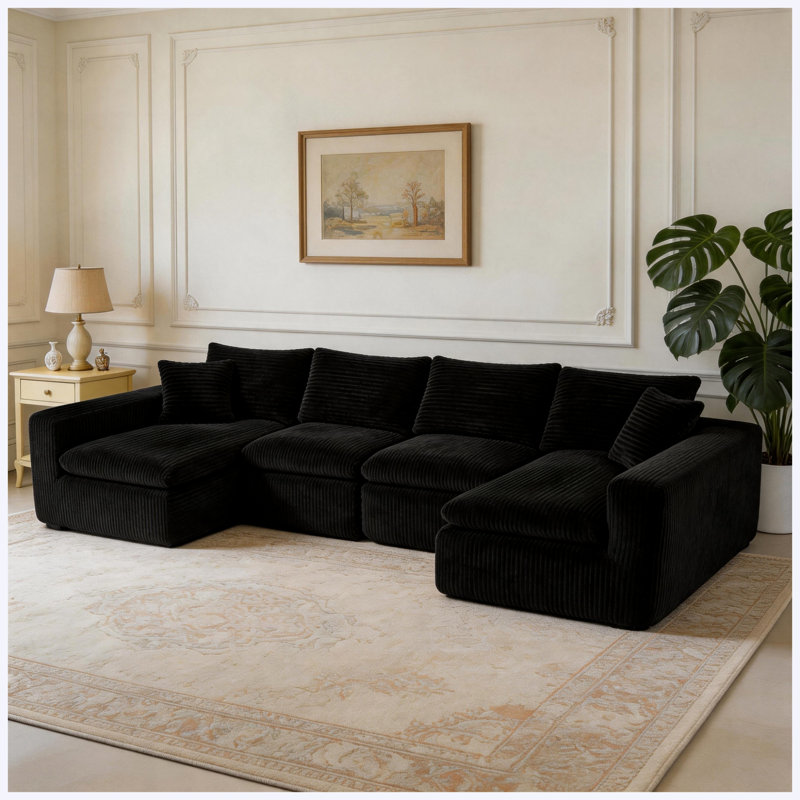 Black 130" Modular U-Shaped Cloud Sectional Sofa with Memory Foam, No Assembly Required