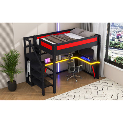 Full size Loft Bed with Desk and Wardrobe, Gaming Loft Bed Frame with LED , Built-in USB, Black+red