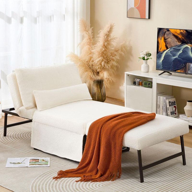 4-In-1 Convertible Sleeper Chair Bed, White Fabric