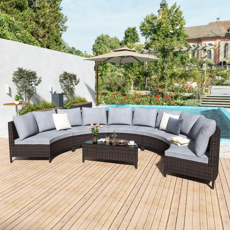 Ensemble de canapé modulaire d'extérieur courbé en osier brun 5 pièces 5 pièces, Gris