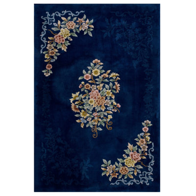 Antique Blue Color Floral Design Chinese Art Deco Wool Pile Rug