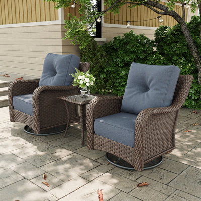 3 Piece Wicker Outdoor Furniture Set With 6-inch Comfy Cushions, High Back Patio Furniture Set With Swivel Rocking Chairs And Side Table
