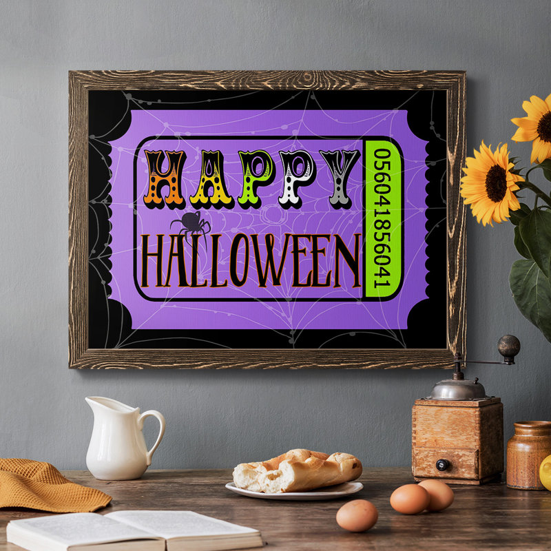 "Happy Halloween Billet", art textuel sur toile, H 14 po x l 20 po x P 1,5 po, Noyer