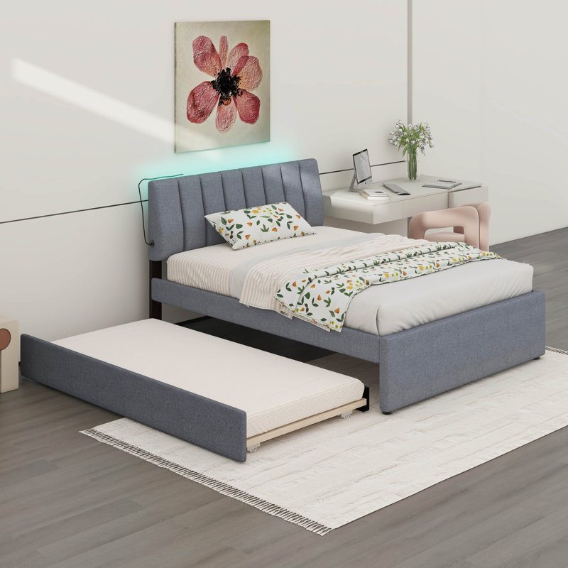 Lit plateforme tapissier Teddy, Gris, Double