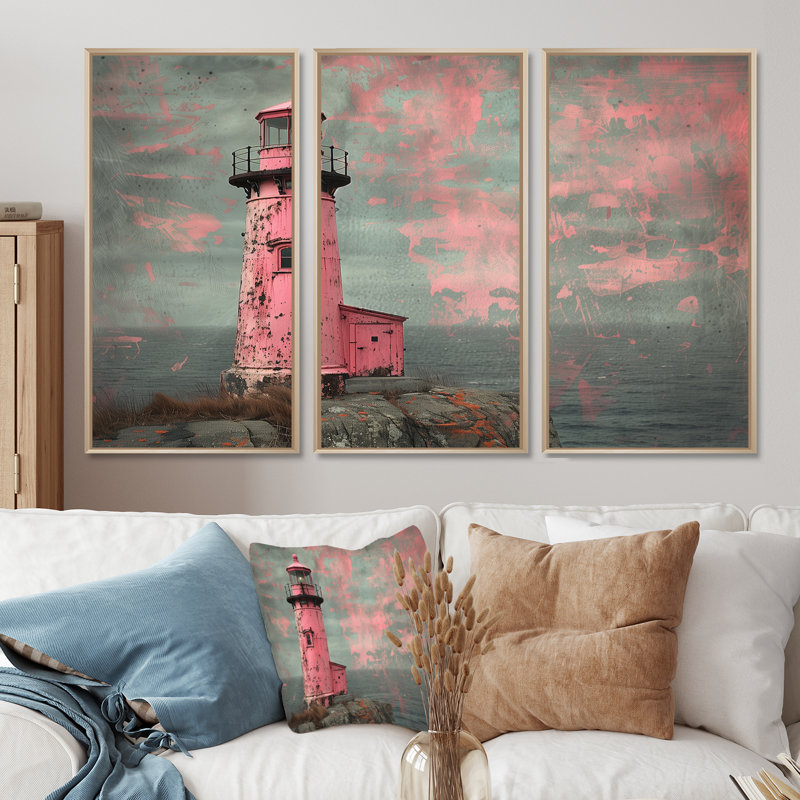 Ensemble de salon mural Sartain - Phares, H 28 po x l 36 po x P 1 po, Toile naturelle avec cadre flottant