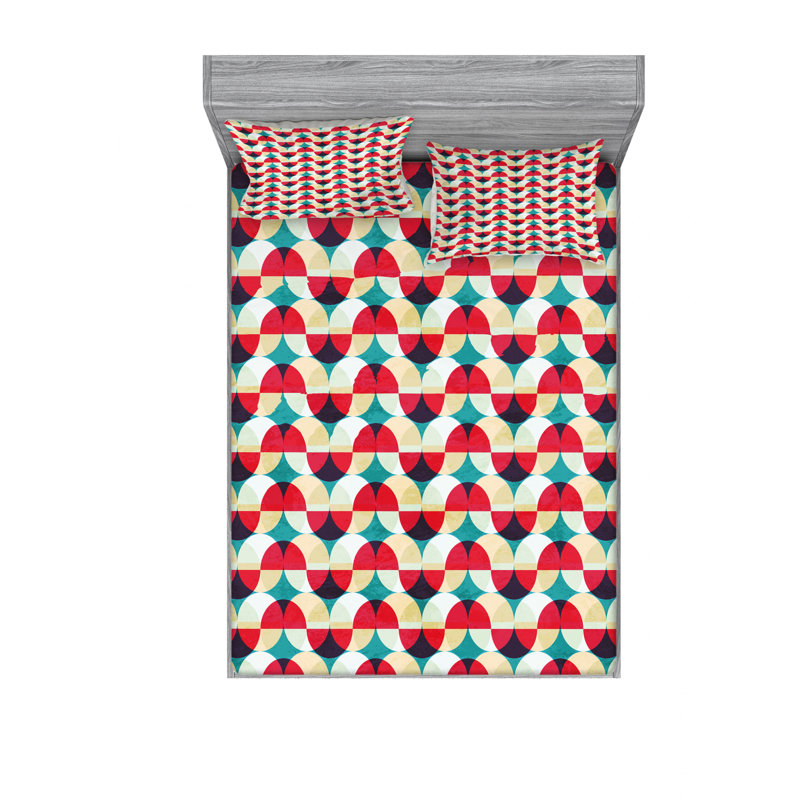 Microfiber Geometric Sheet Set, Red/Blue/Pale Yellow Geometric 1, Queen Sheet Set + Fitted Sheet + 2 Pillowcases