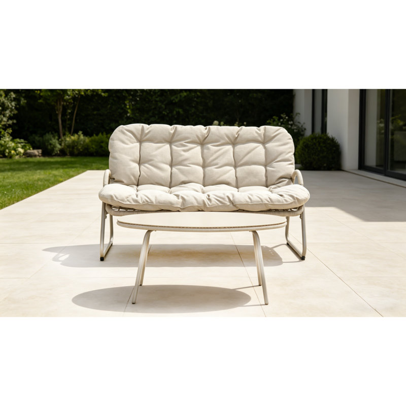 Ensemble de causeuse et de table basse d'extérieur moderne, ensemble de conversation de patio toutes saisons avec coussins épais, meubles bistro 2 pièces pour la cour, le balcon, le jardin, blanc cassé