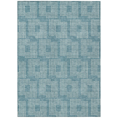 5' X 8' Teal Blue And Ivory Geometric Washable Indoor Outdoor Area Rug