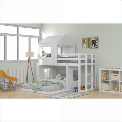 Lit superposé simple au dessus d'un lit double en bois avec maisonnette de ferme, assemblage réglable blanc / gris / gris antique