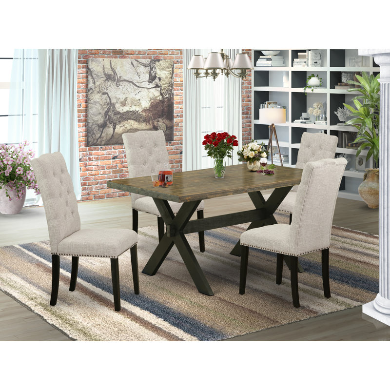 Nevia 4 - Person Solid Wood Solid Wood Top Trestle Dining Set, Distressed Jacobean, Wirebrushed Black, Doeskin