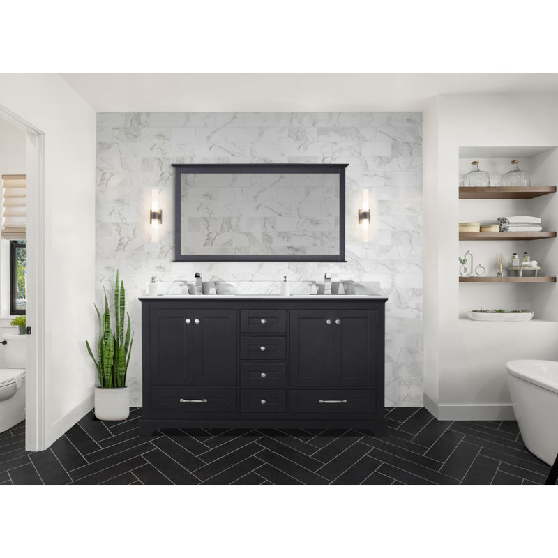 Meuble-lavabo double 60 po x 22 po, comptoir et robinet en marbre, miroir de 58 po - Surface avec rayures et taches de l 60 po x P 22 po avec comptoir, résistance aux rayures des 58 H