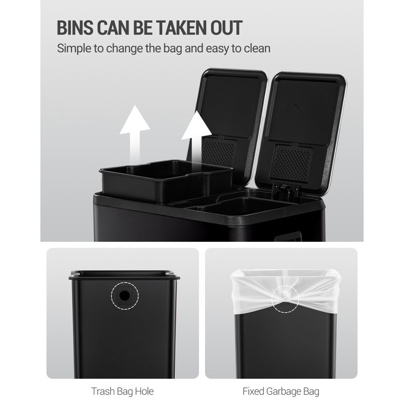 Kitchen Bin, Recycling Bins, Pedal Bin with Lid, Stainless Steel Kitchen Bins Recycling and Waste, Silent Slow-Down Closing Lid, With 15 Exclusive Trash Bags