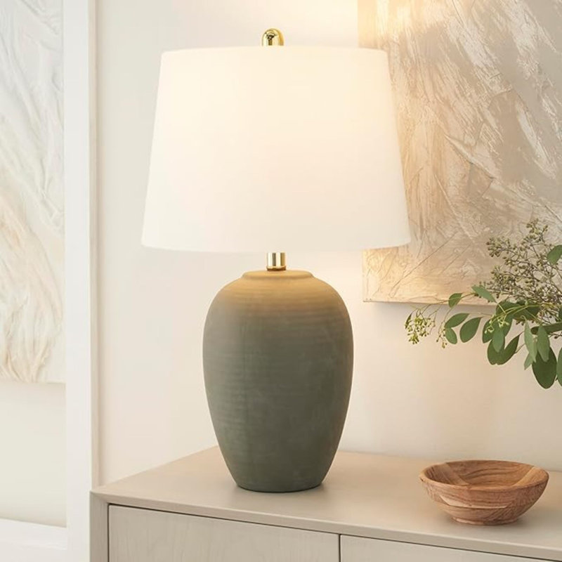Lampe de table pot en céramique vert olive pour chambre à coucher, salon, salle à manger, avec abat-jour tambour conique blanc