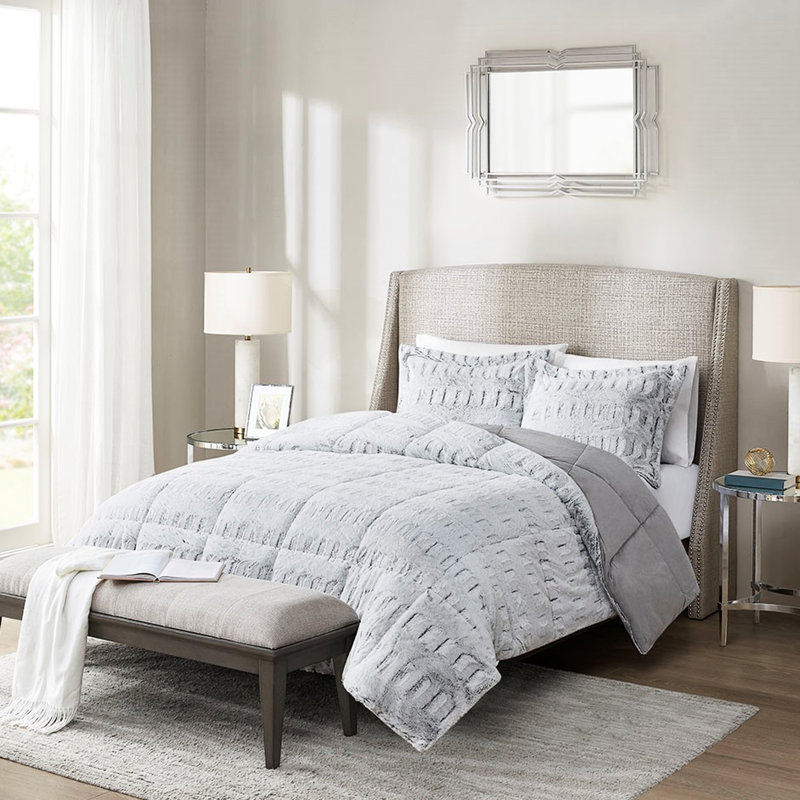 Grand édredon grand avec fausse fourrure grise, rembourrage élégant, Édredon grand et 2 taies décoratives, Gris