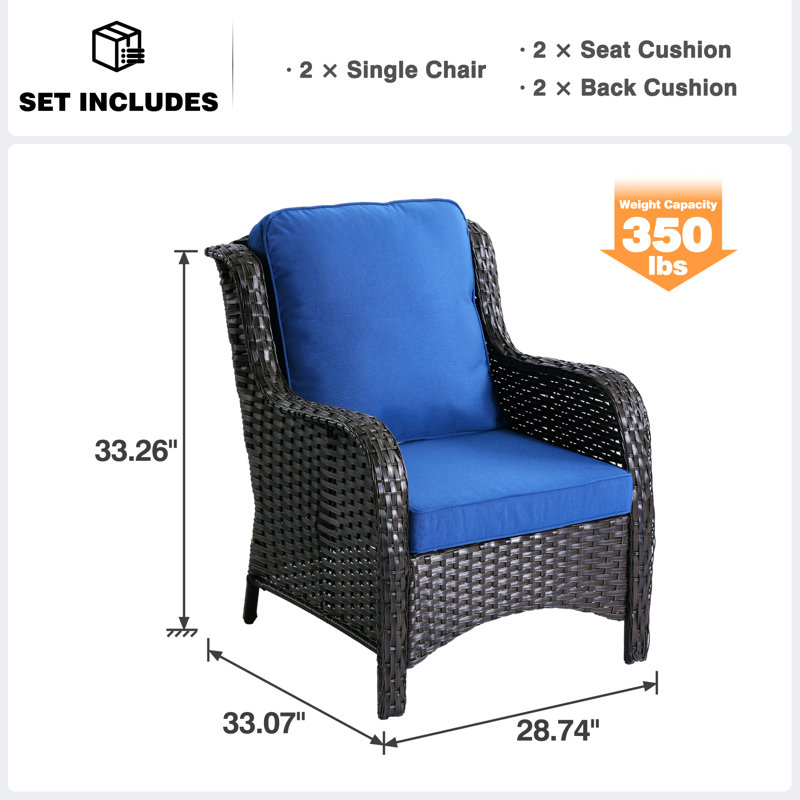 Guillen Wicker/rattan Patio Chair With Cushions, Blue Cushion/Brown Frame
