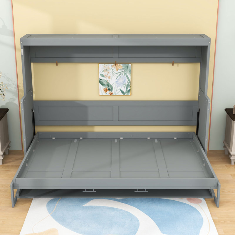 Lit escamotable en bois avec bureau pliant et rangement intégré pour les petits espaces, Double, Gris