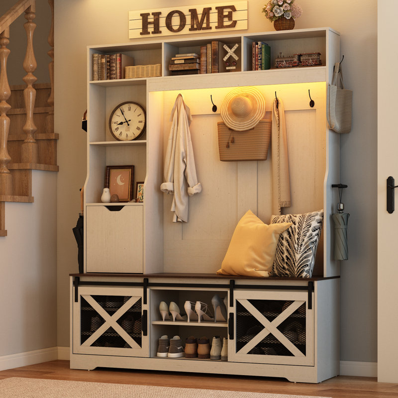 74.8"H x 59.1"W Farmhouse LED Hall Tree with Bench, 16 Adjustable Shoe Cubbies, 7 Coat Hooks, 2 Umbrella Holders & Sock Drawer, Multifunctional Mudroom Entryway Storage Cabinet