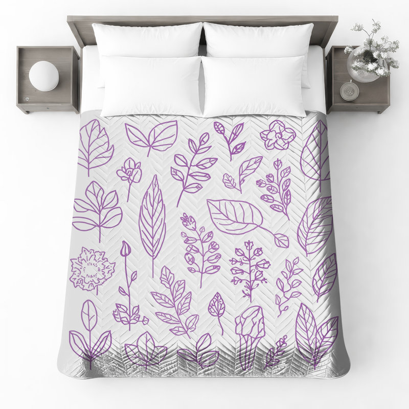 Purple Leaf Illustrations Quilted Bedspread All Sizes, Twin