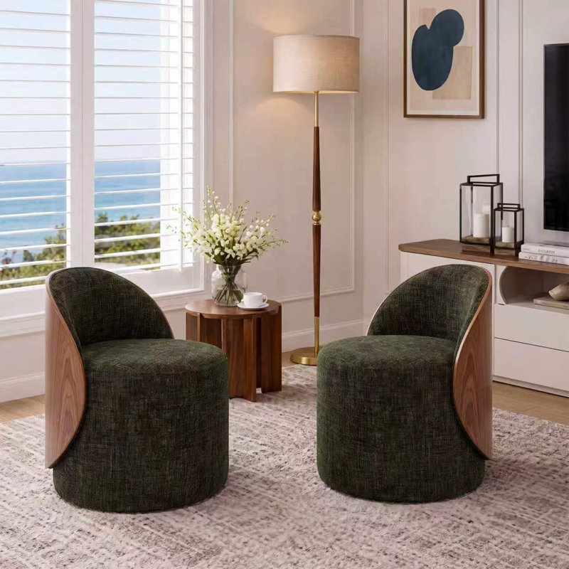 Fauteuil d'appoint rembourré vert tonneau avec dossier en bois courbé, Tissu vert