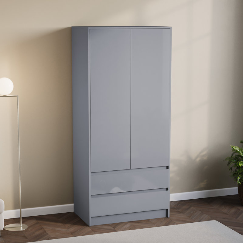 Oslo 2 Door 2 Drawer High Gloss Wardrobe, (FSC 100%) Bedroom Home Clothing Storage Furniture, Grey