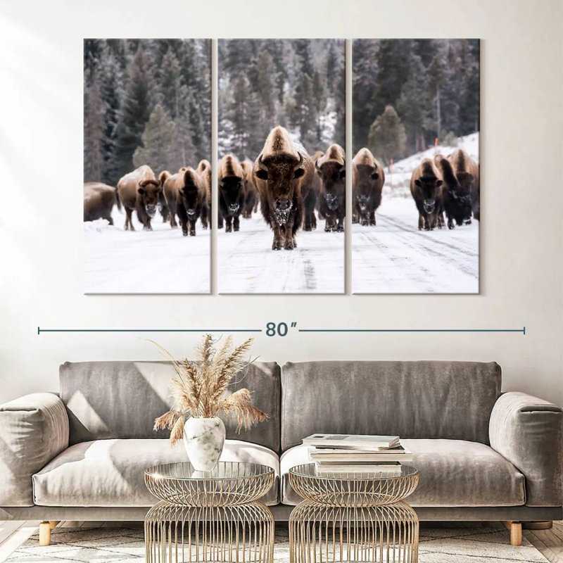 " Bison Herd In Winter " 3 - Pieces, 42" H x 65" W x 1.25" D