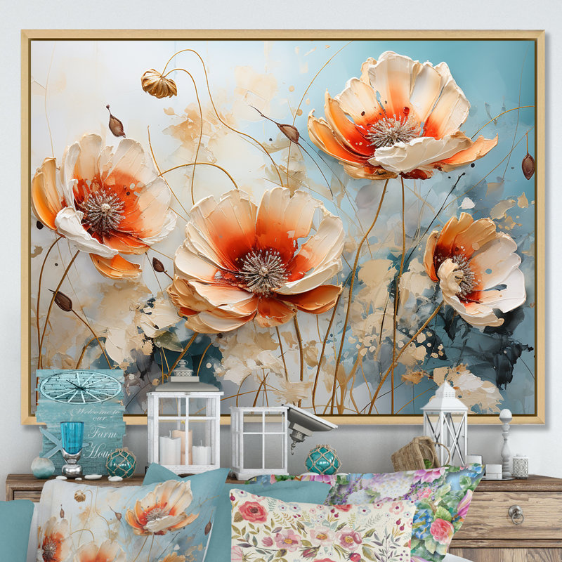 Peach Poppies Farmhouse Country Charm, Cadre naturel flottant, H 30 po x l 40 po x P 1,5 po