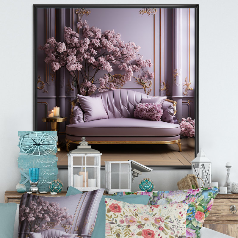 Canapé lilas orné d'accents dorés II - lilas, art mural pour le salon, Cadre flottant noir, 16" H x 16" W