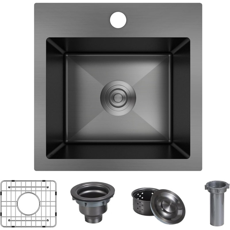 ForKitchen 15'' L Drop-In Single Bowl Stainless Steel Kitchen Sink, Matte Black