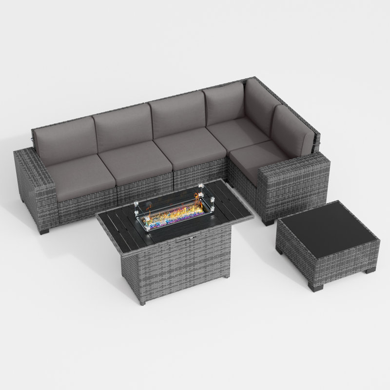 5 - Person Outdoor Rattan Sectional Seating Group with Fire Pit, Dark Gray Cushion/Gray Frame