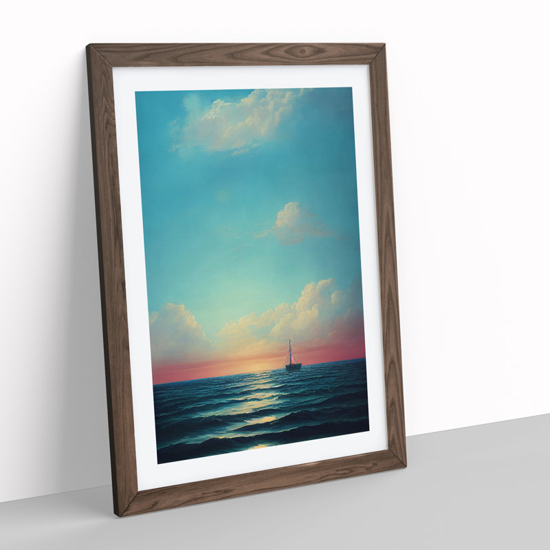 Boat Seascape - Wall Art, 48cm H x 36cm W, Walnut Framed, White
