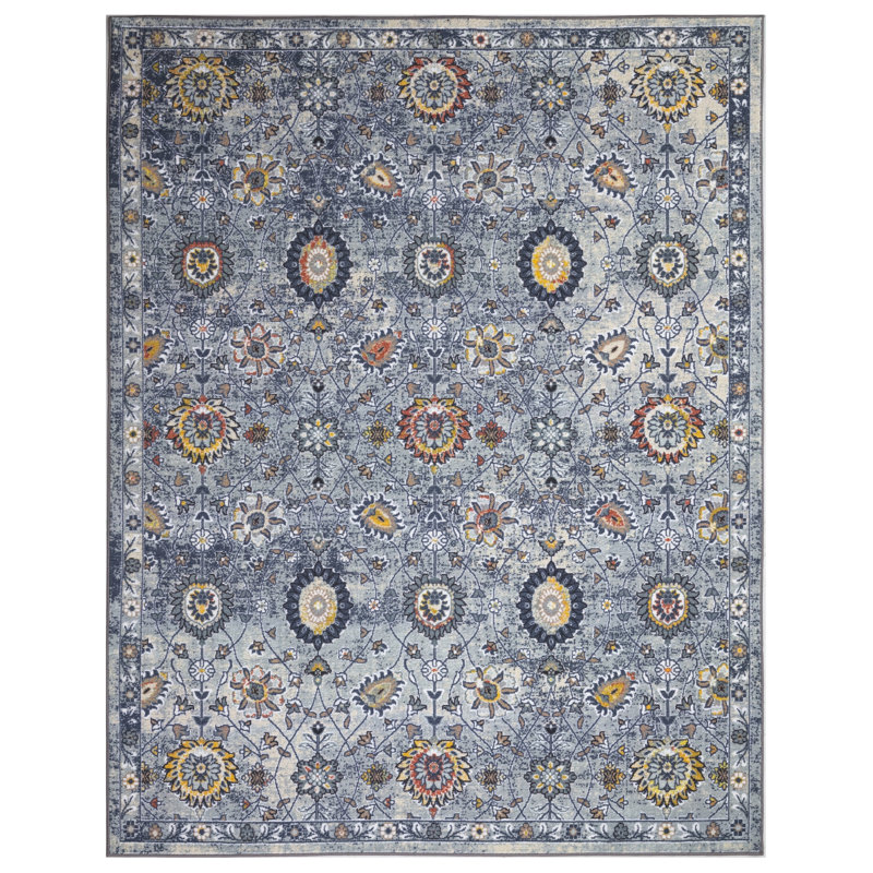Lyanne Washable Non-Slip Blue Area Rug, Rectangle 2'7" x 9'