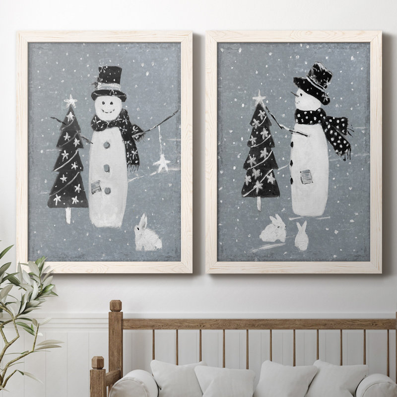 «Snowman Galvanized I», ensemble de 2 reproductions, Pas de tapis, H 31,5 po x l 47 po x P 1,5 po, Toile blanche encadrée