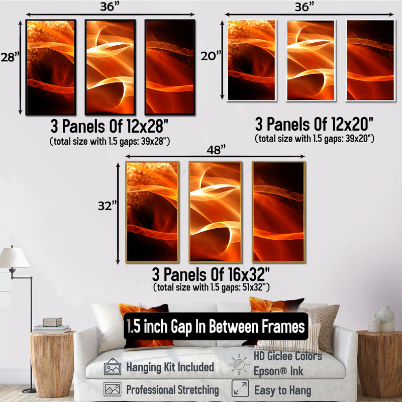 Orange 3D abstrait fractal vagues - ensemble abstrait d'art mural sur toile encadrée de 3, Noir, H 28 po x l 36 po
