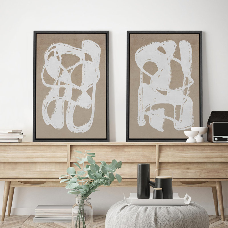 «White Mid-Century Modern Organic Polygons», 2 pièces sur toile, H 24 po x l 36 po, Cadre noir