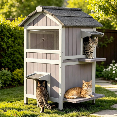 Cat Houses For Outdoor Cats 2-story Large Cat Condo For Multiple Cats, Weatherproof Feral Cat Shelter With Window, Easy Clean Wood Kitty House