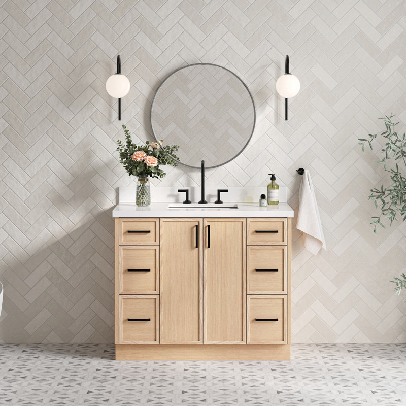 Ariel Kelly Inch Single Rectangular Sink Bathroom Vanity With Quartz Countertop, Oak, 43"