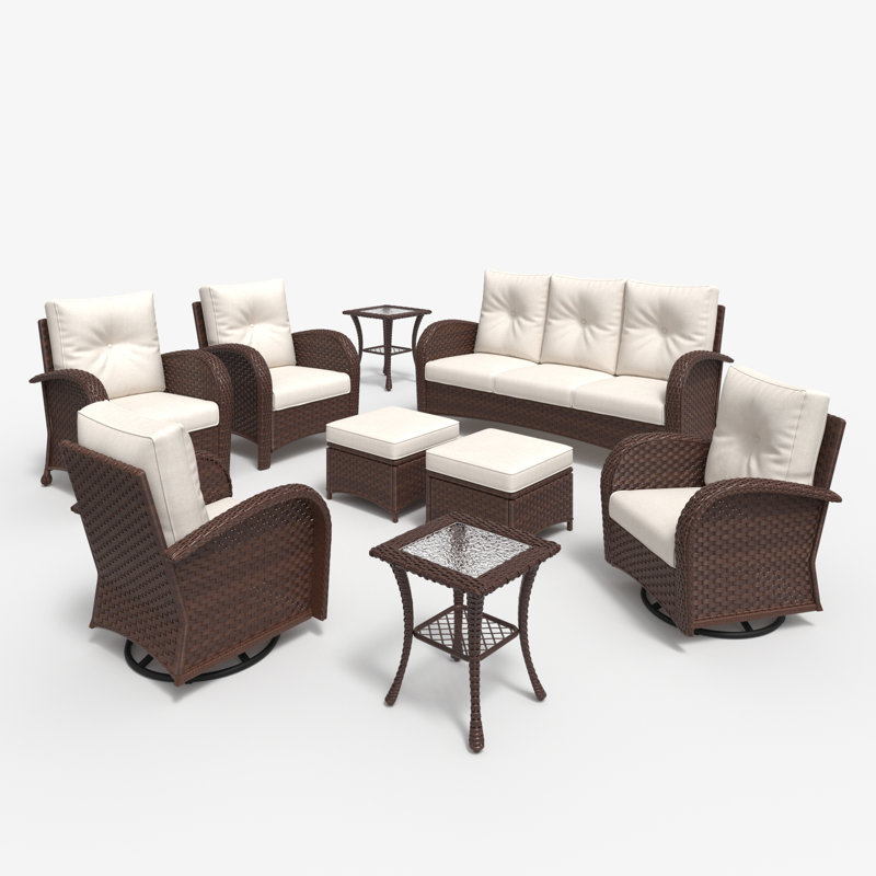 Lark Manor™ 9 Pieces Outdoor Patio Furniture Set, Rattan Wicker Sectional Swivel Rocker Chairs Sets, Beige, Brown