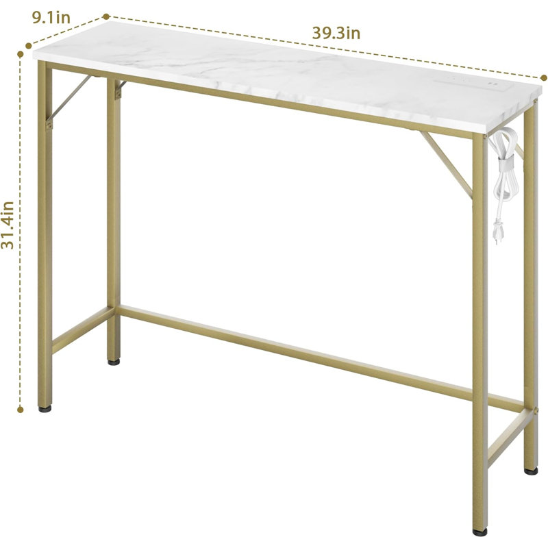 Narrow Console Table With Charging Station, Gold & White Sofa Table For Living Room, Behind Couch Table With 2 Outlets & 2 USB Ports, Entryway Hallway Table