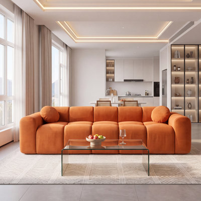 98.4" Extra Large Compression Sofa, Corduroy Cloud Puff Couch for Living Room, 3-Seater Upholstered Sofa with 2 Pillows