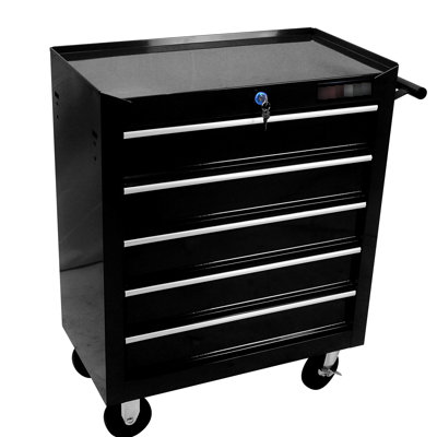 Coffre à outils de garage 5 tiroirs avec serrure et 4 roulettes, rangement de gestion 5 et noir