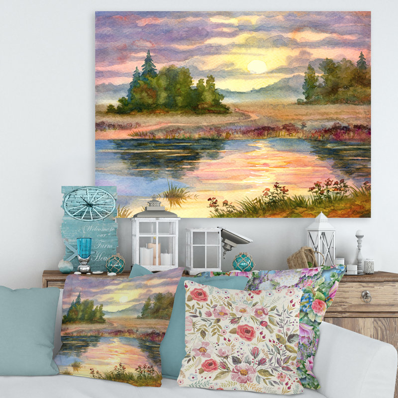 Coucher de soleil sur le lac I - peinture sur toile, H 16 po x l 32 po x p 1 po, Toile tendue