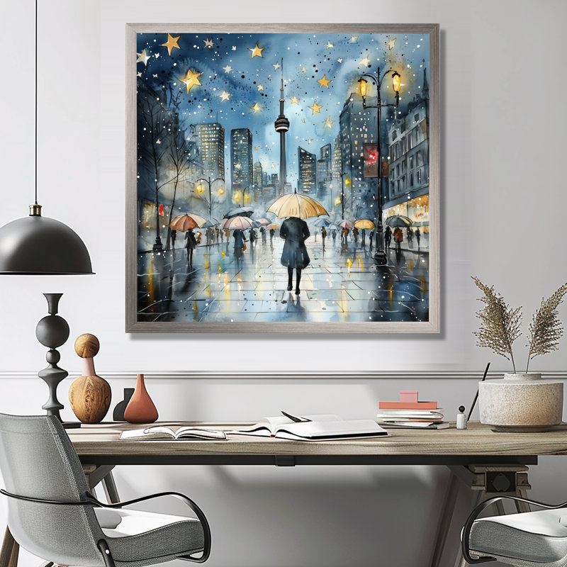 Vue nocturne de Toronto de la tour Cn I - art mural de Toronto, H 16 po x l 16 po, Reproduction encadrée, Argent argent