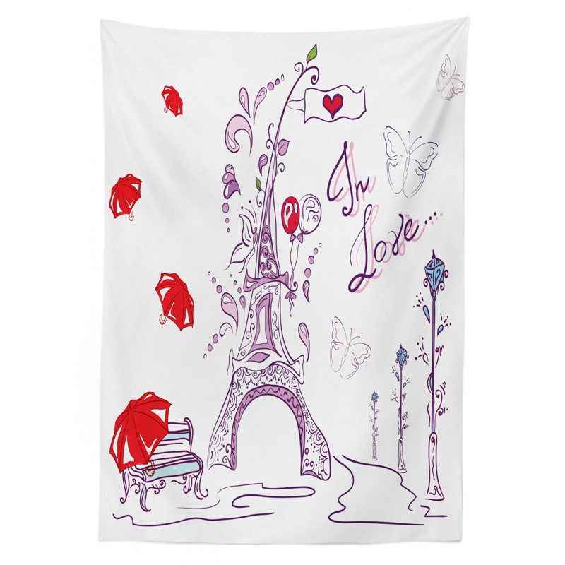 Ambesonne Eiffel Tower Tablecloth, Autumn Romantic Paris Historical Valentine's Day Umbrellas Doodle, Rectangular Table Cover For Dining Room Kitchen Decor, 60" X 84", Lilac Red Pale Blue