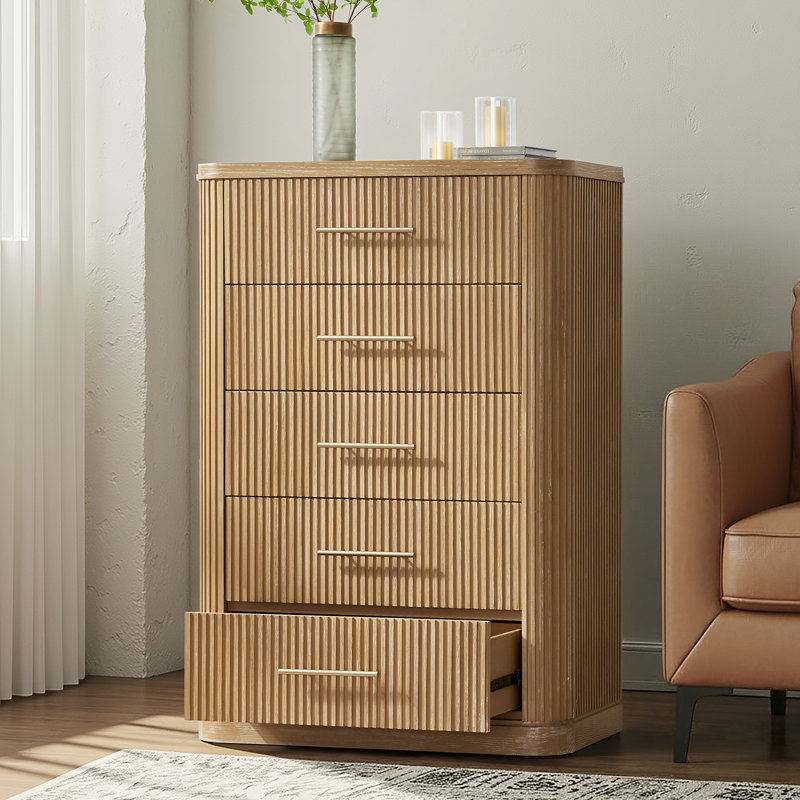 Graciana Modern 54.25" Fluted 5-Drawer Chest Oak Grain Finish with Solid Wood Base, Natural
