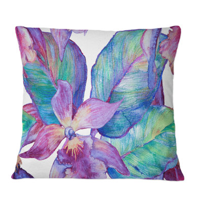 Orchidée turquoise et mauve - coussin décoratif traditionnel